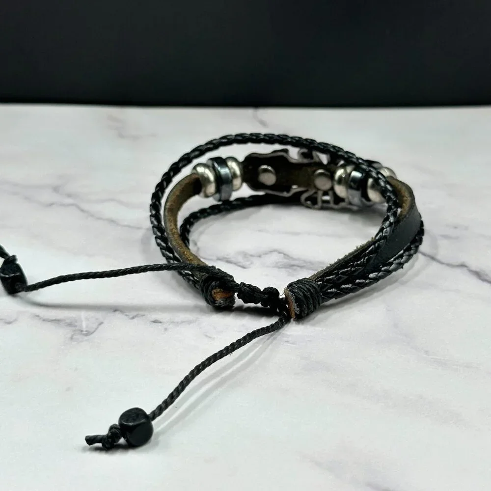 Mens Skull Cross Bracelet Leather Cord Metal Beads Adjustable Punk Biker
